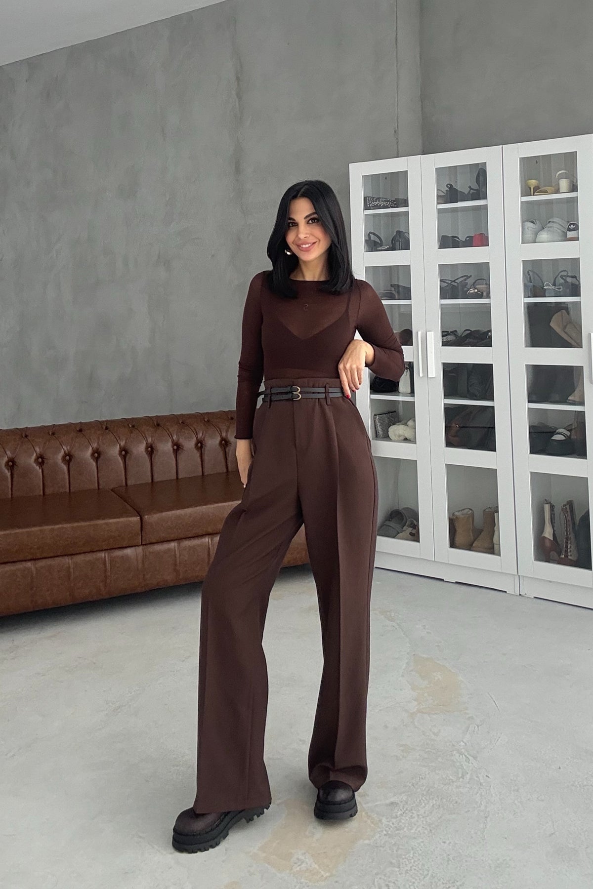 Kahverengi Çift Kemerli Premium Palazzo Pantolon SY-3471-Kahverengi