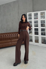 Kahverengi Çift Kemerli Premium Palazzo Pantolon SY-3471-Kahverengi