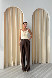 Kahve Yüksek Bel Bol Paça Palazzon Pantolon SY-3325-Kahve