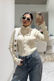 Ekru Dik Yaka Çıtçıtlı Triko Kazak SY-3502-Ekru