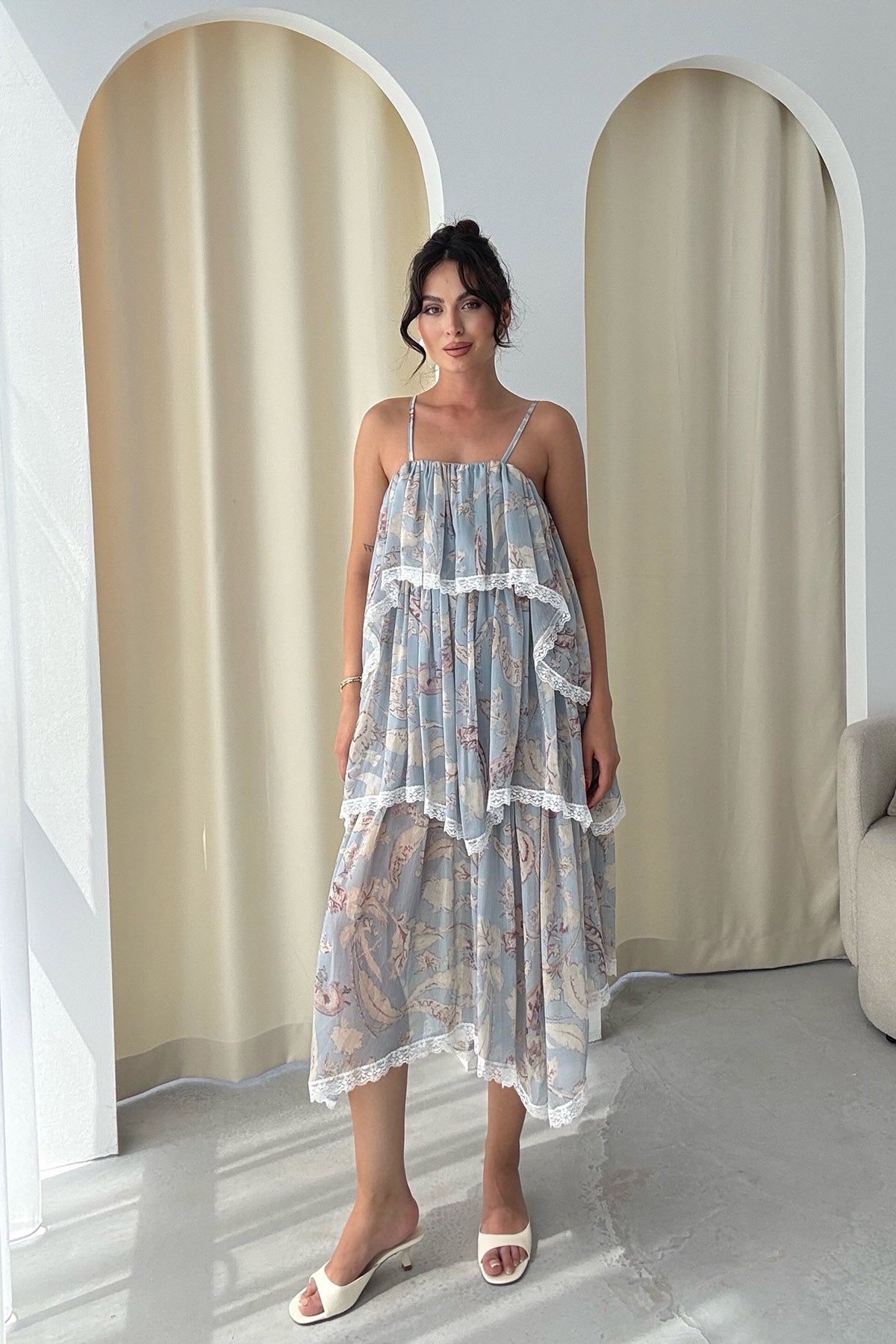 Mavi Desenli Kat Kat Midi Boy Elbise SY-3265-Mavi