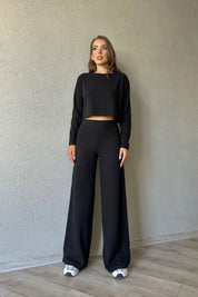Siyah Fitilli Beli Lastikli Pantolon Ve Bluz Takım SY-1076-Siyah