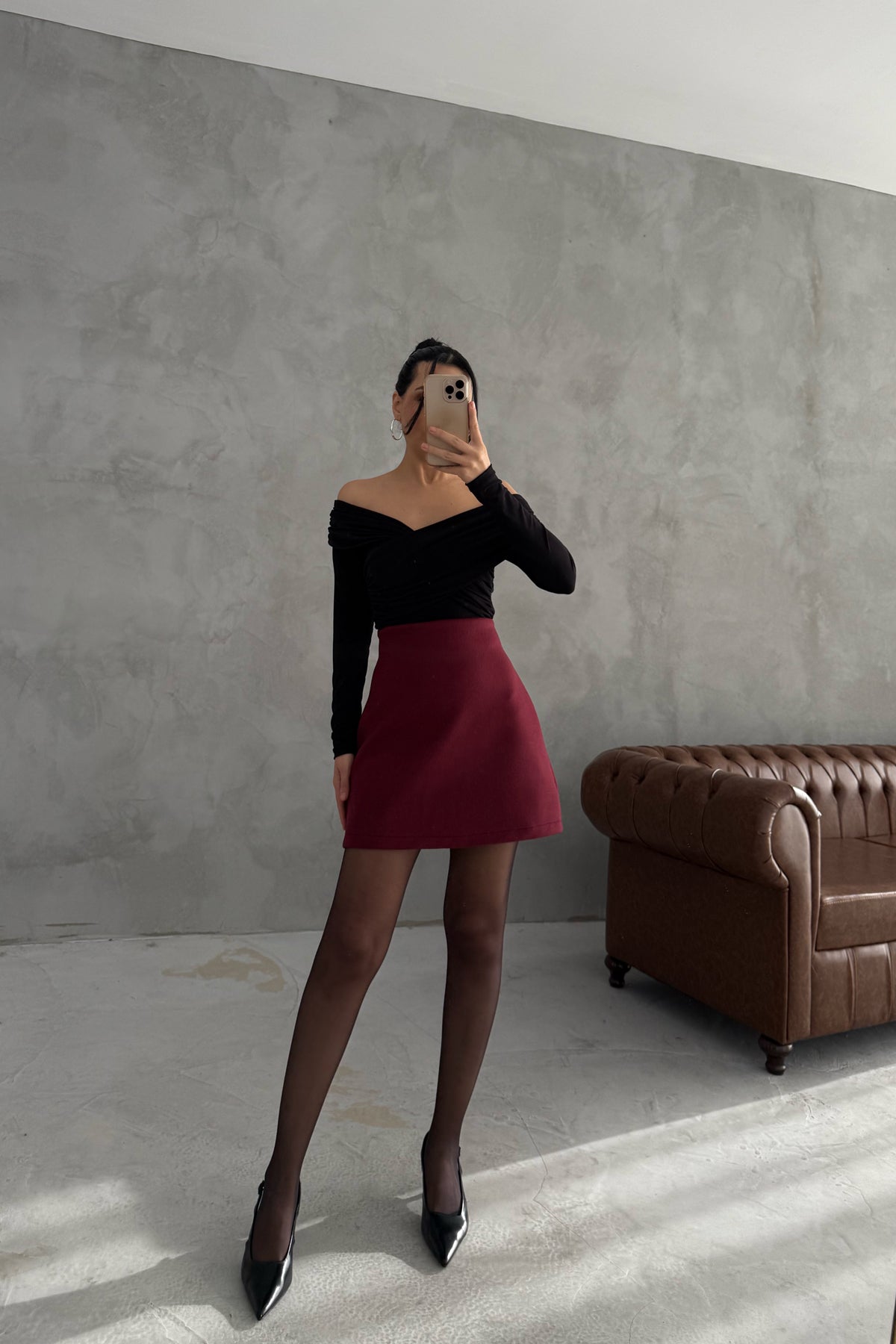 Bordo Kısa Kaşe Etek SY-3480-Bordo