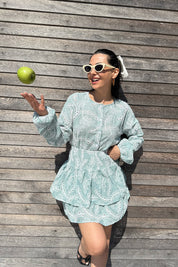 Turkuaz Fistolu Gömlek Etek Takım SY-3120-Turkuaz