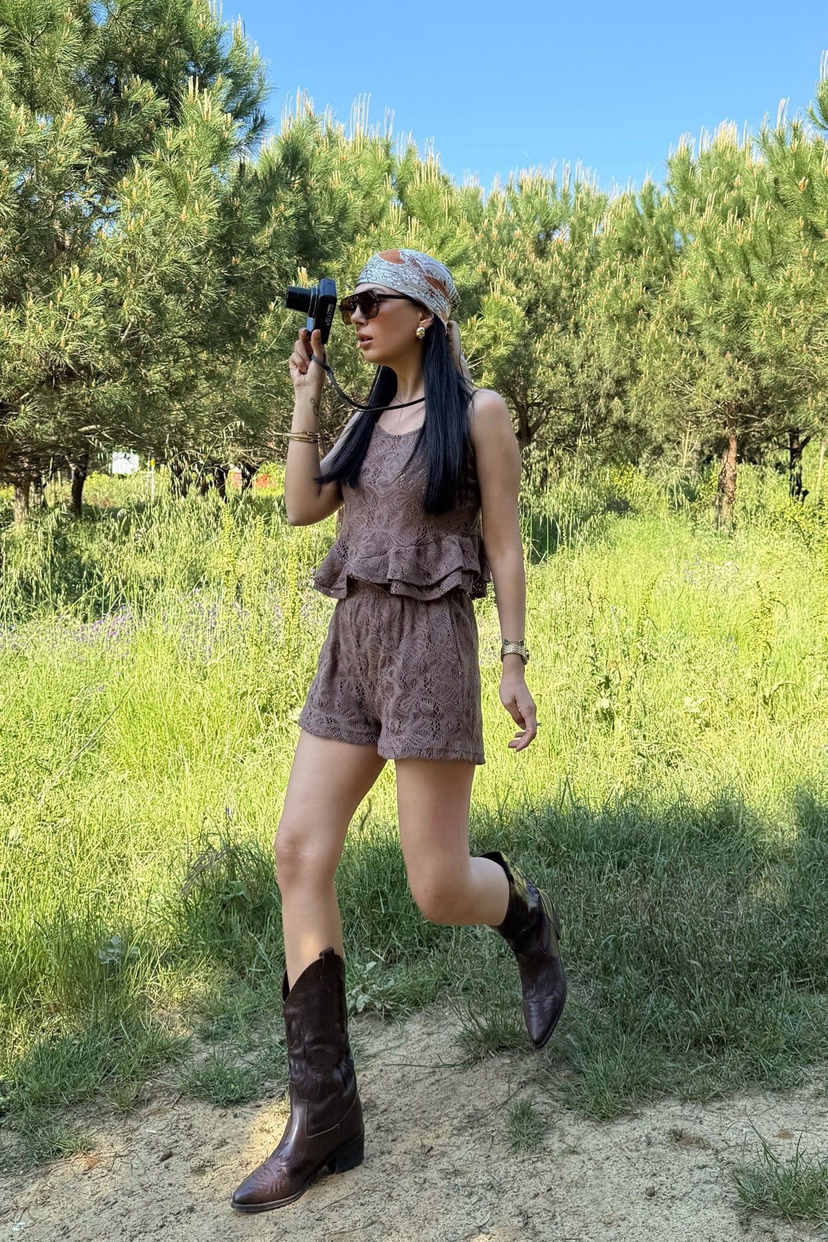 Kahve Askılı Şortlu Kroşe Takım SY-3184-Kahve