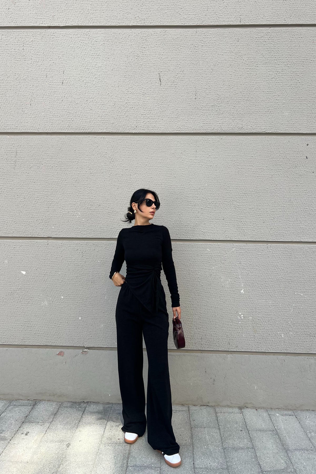 Siyah Uzun Kollu Büzgü Detaylı İkili Triko Takım SY-2455-Siyah