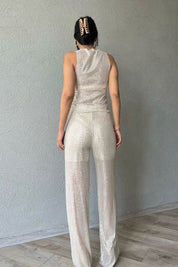 Bej Pullu Transparan Bluz ve Beli Lastikli Pantolon Takım SY-1141-Bej