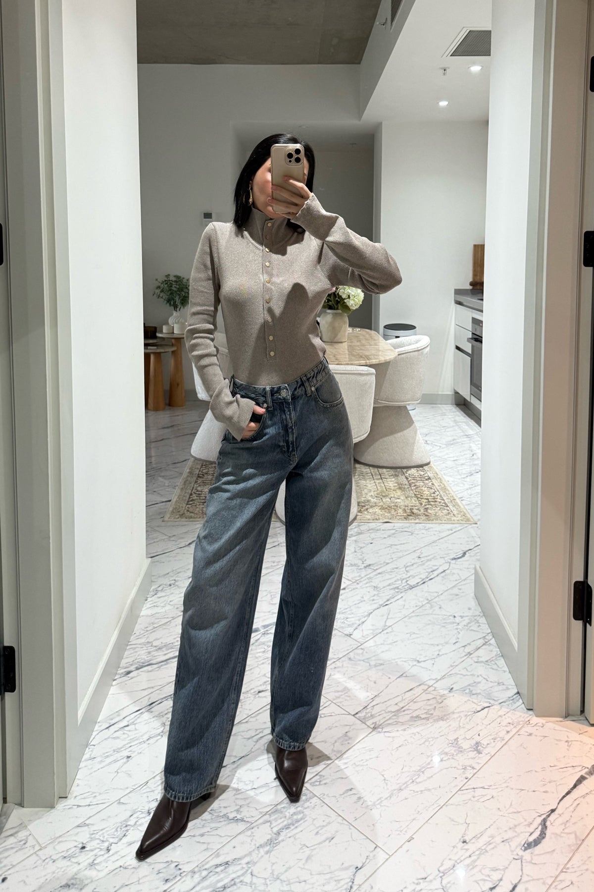 Vizon Dik Yaka Çıtçıtlı Triko Kazak SY-3502-Vizon