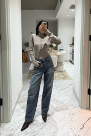 Vizon Dik Yaka Çıtçıtlı Triko Kazak SY-3502-Vizon