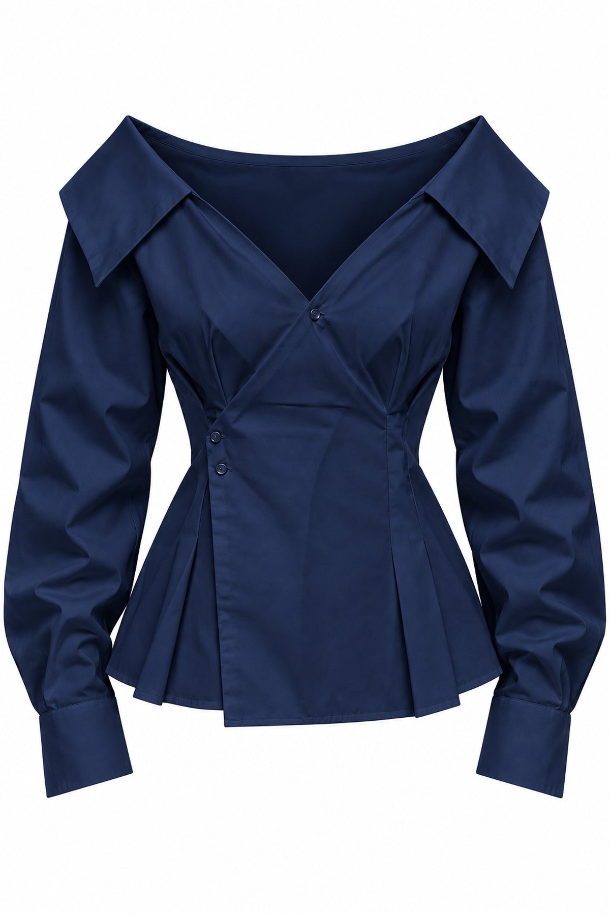 Çapraz Düğmeli Pile Detaylı Lacivert Poplin Gömlek SY-3881-Lacivert