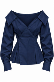 Çapraz Düğmeli Pile Detaylı Lacivert Poplin Gömlek SY-3881-Lacivert