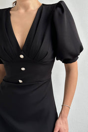 Siyah İnci Düğme Detay Elbise SY-0351-Siyah