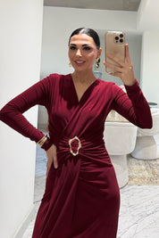 Kruvaze Yaka Uzun Kol Tokalı Bordo Elbise SY-3520-Bordo