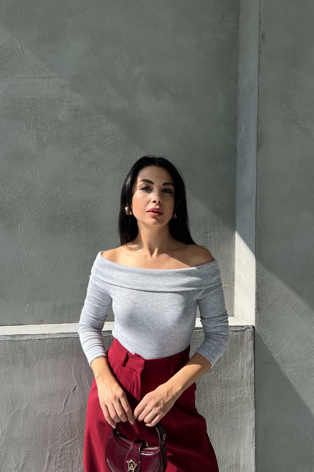 Gri Fitilli Madonna Yaka Bluz SY-2622-Gri