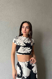 Bej Siyah Desenli Beli Lastikli Maxi Etek Bluz Takım SY-1833-Bej