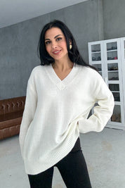 Ekru V Yaka Oversize Pinterest Triko Kazak SY-3348-Ekru