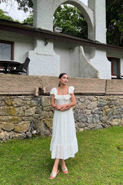 Ekru Önü Düğme Detaylı Kolları Gipeli Brode Elbise SY-2050-Ekru