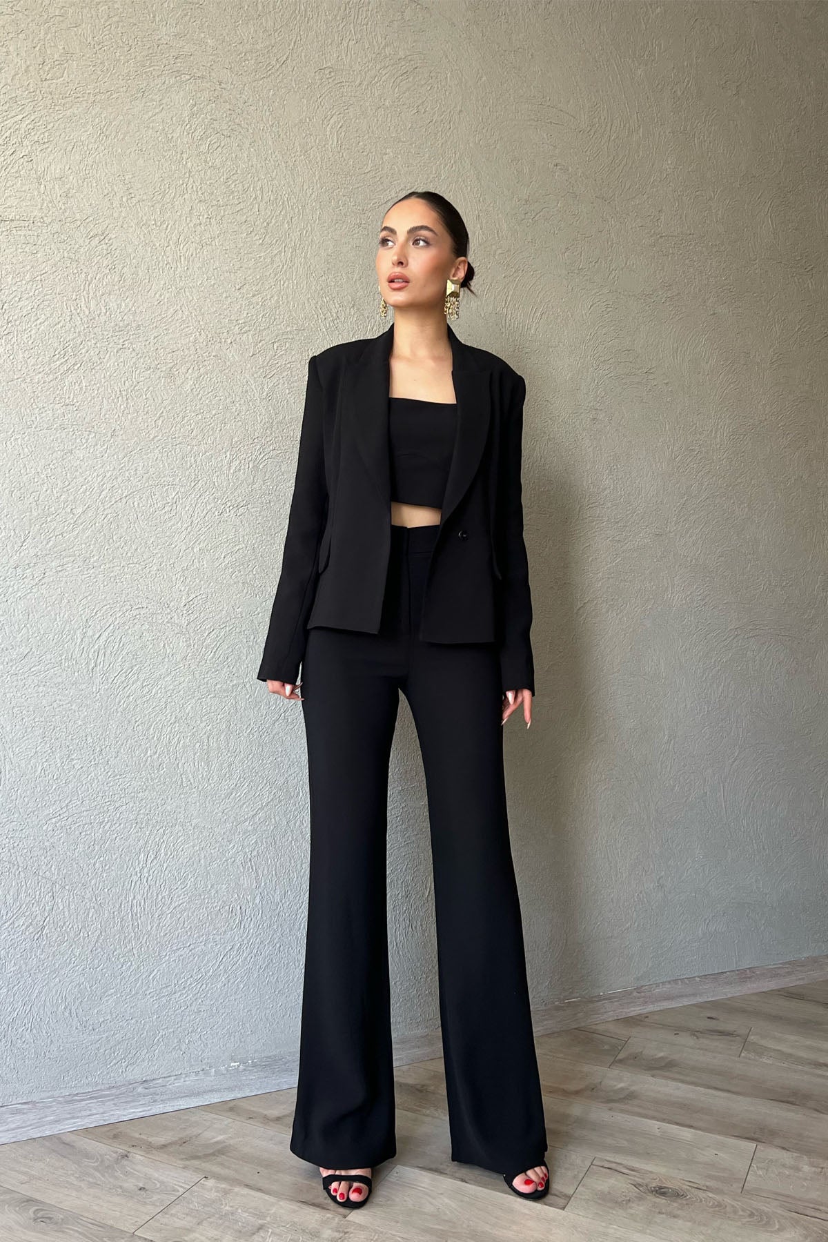Siyah Kalın Askılı Büstiyer Kemerli Ceket ve Yüksek Bel Pantolon Takım SY-1286-Siyah