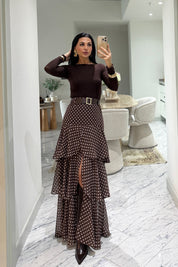 Kahverengi Puantiyeli Fırfırlı Kat Kat Kemerli ETek SY-3525-Puantiyeli