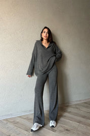 Antrasit Fermuarlı Fitilli Oversize Kazak ve Pantolon Takımı SY-1257-Antrasit