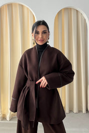 Kahve Deri Biyeli Kemerli Palto Ceket SY-3484-Kahve