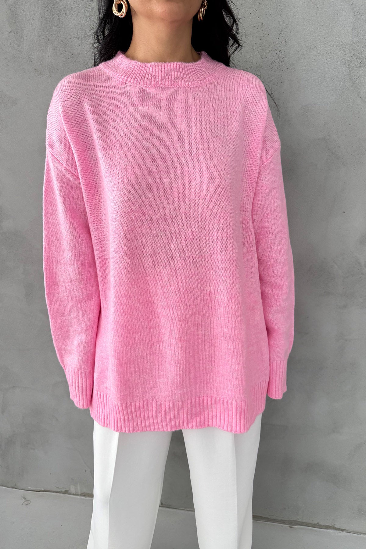Pembe Bisiklet Yaka Lastikli Pinterest Triko Kazak SY-3368-Pembe