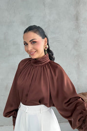 Koyu Kahve Dökümlü Zr Tasarım Saten Bluz SY-3369-Koyu Kahve