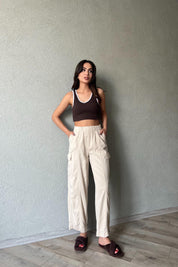 Bej Dikiş Detaylı Kargo Cepli Beli Lastikli Pantolon SY-1863-Bej