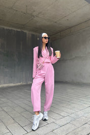 Pembe Crop Ceket ve Paçası Düğme Detaylı Pantolon Takım SY-0935-Pembe