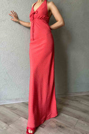 Kırmızı Puantiyeli Boyundan Bağlama Detaylı Elbise SY-2033-Kırmızı