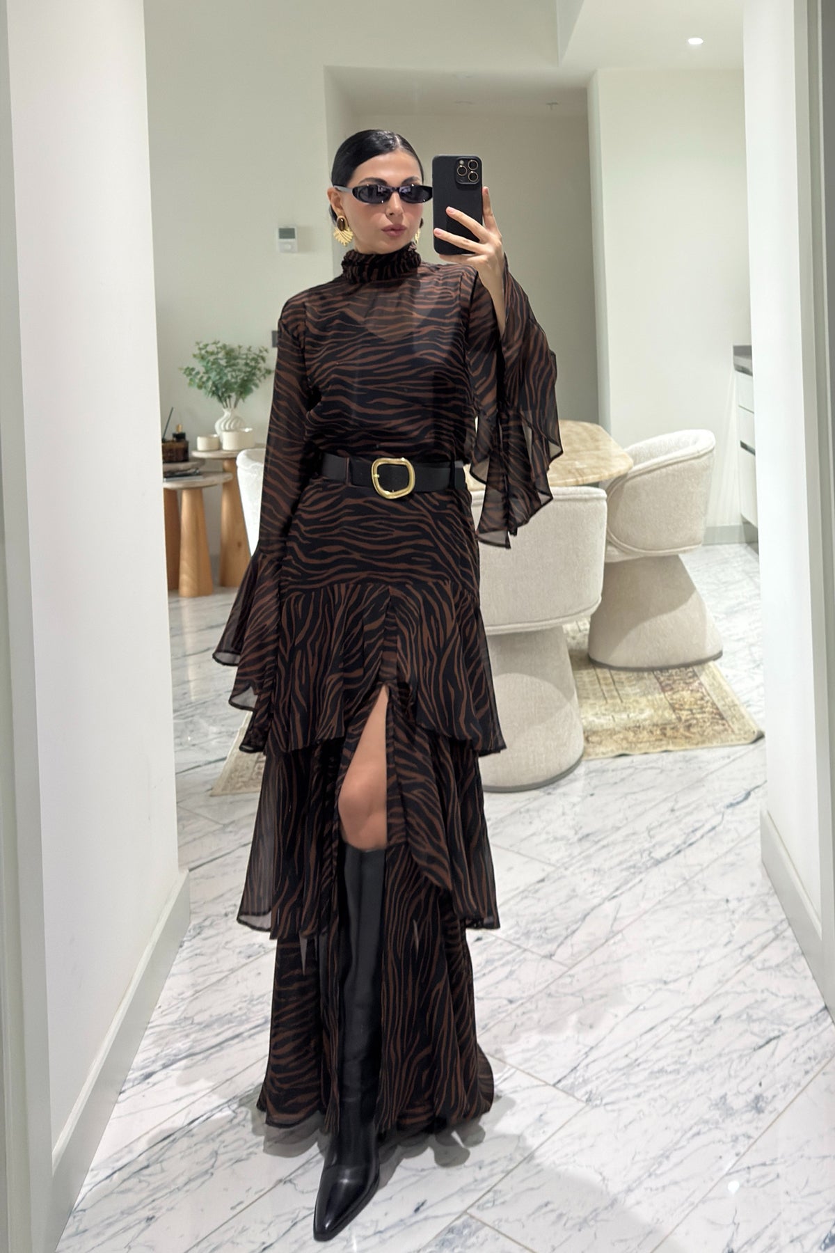 Zebra Desen Kahverengi Katlı Şifon Elbise SY-3612-Kahverengi