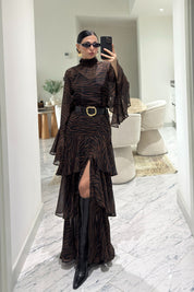 Zebra Desen Kahverengi Katlı Şifon Elbise SY-3612-Kahverengi