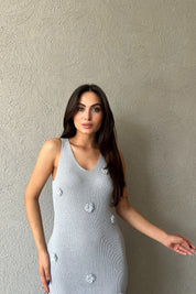 Mavi V Yaka Gül Detaylı Örme Elbise SY-2208-Mavi