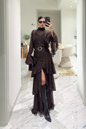 Zebra Desen Kahverengi Katlı Şifon Elbise SY-3612-Kahverengi