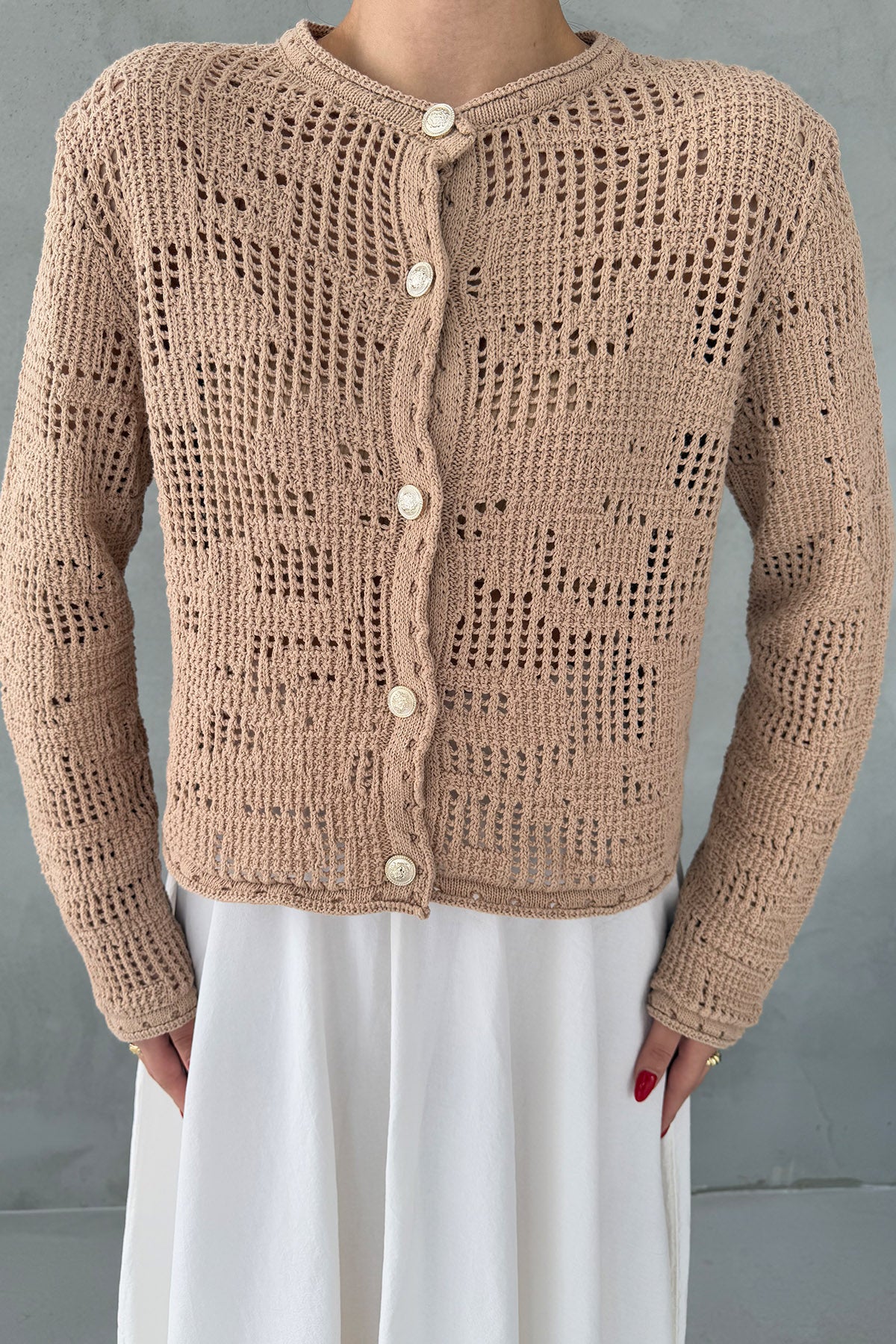 Bej Örgü Detaylı Regular Fit Düğmeli Triko Hırka SY-3076-bej