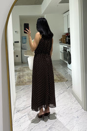 Kahverengi Halter Yaka Puantiyeli Elbise SY-3665-Kahverengi