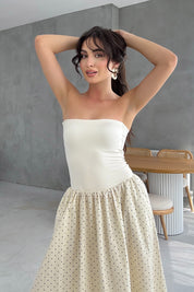 Bej Eteği Puantiyeli Straplez Uzun Elbise SY-3257-Bej