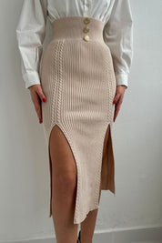 Bej Fitilli Düğme Detay İki Yandan Yırtmaçlı Triko Etek SY-0076-Bej