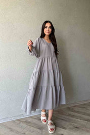 Müslin Kumaş V Yaka Rahat Kesim Gri Elbise SY-1939-Gri