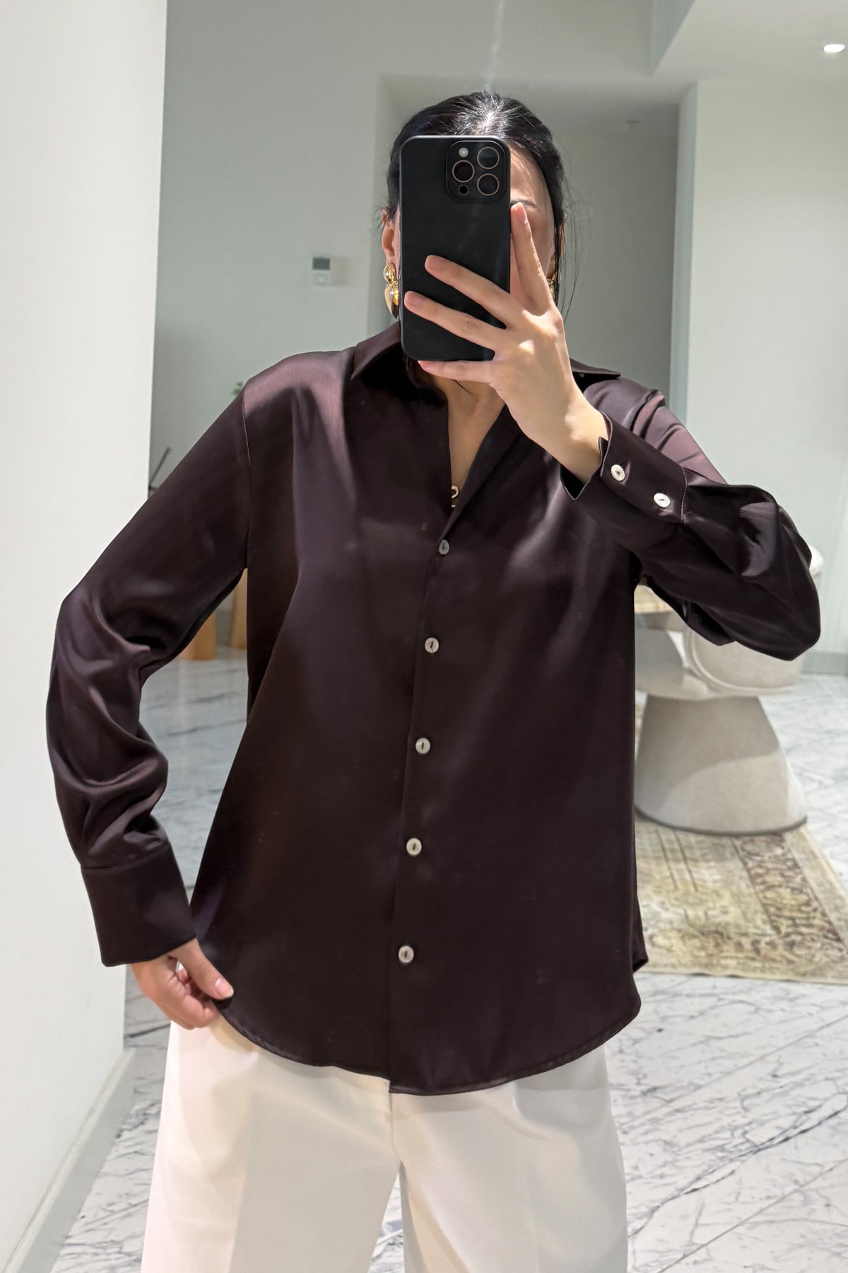 Kahve Basic Premium Saten Gömlek SY-3684-Kahverengi