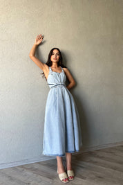 Açık Mavi Tasarım Bağlama Detay Denim Uzun Elbise SY-0836-Açık Mavi