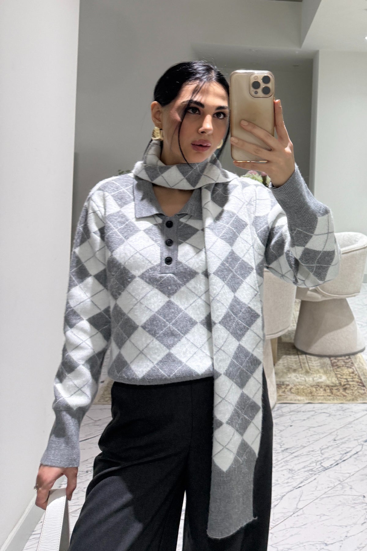 Kendinden Şallı Baklava Desenli Polo Yaka Triko SY-3563-Gri