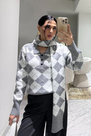 Kendinden Şallı Baklava Desenli Polo Yaka Triko SY-3563-Gri