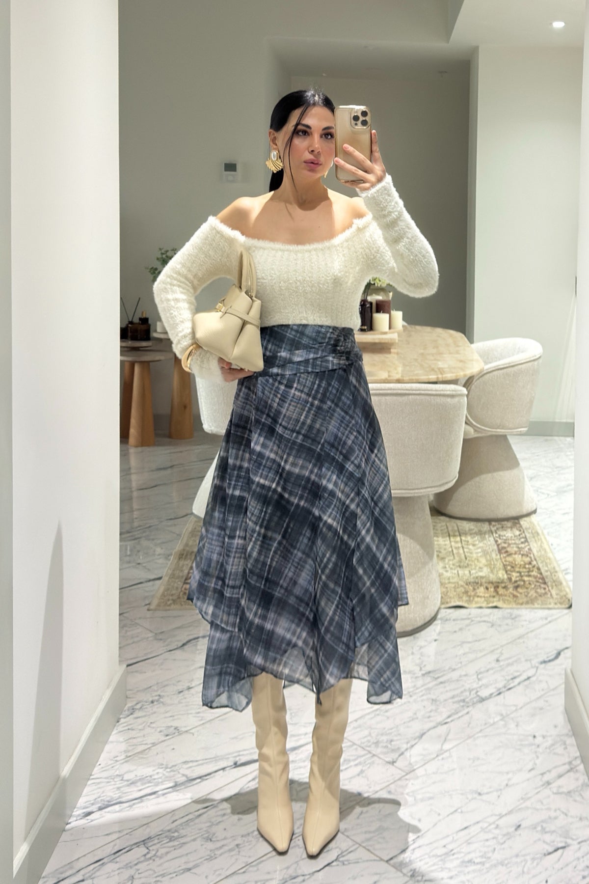 Ekosen Asimetrik Mavili-Yeşil Çizgili Etek SY-3599-Mavi