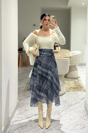 Ekosen Asimetrik Mavili-Yeşil Çizgili Etek SY-3599-Mavi