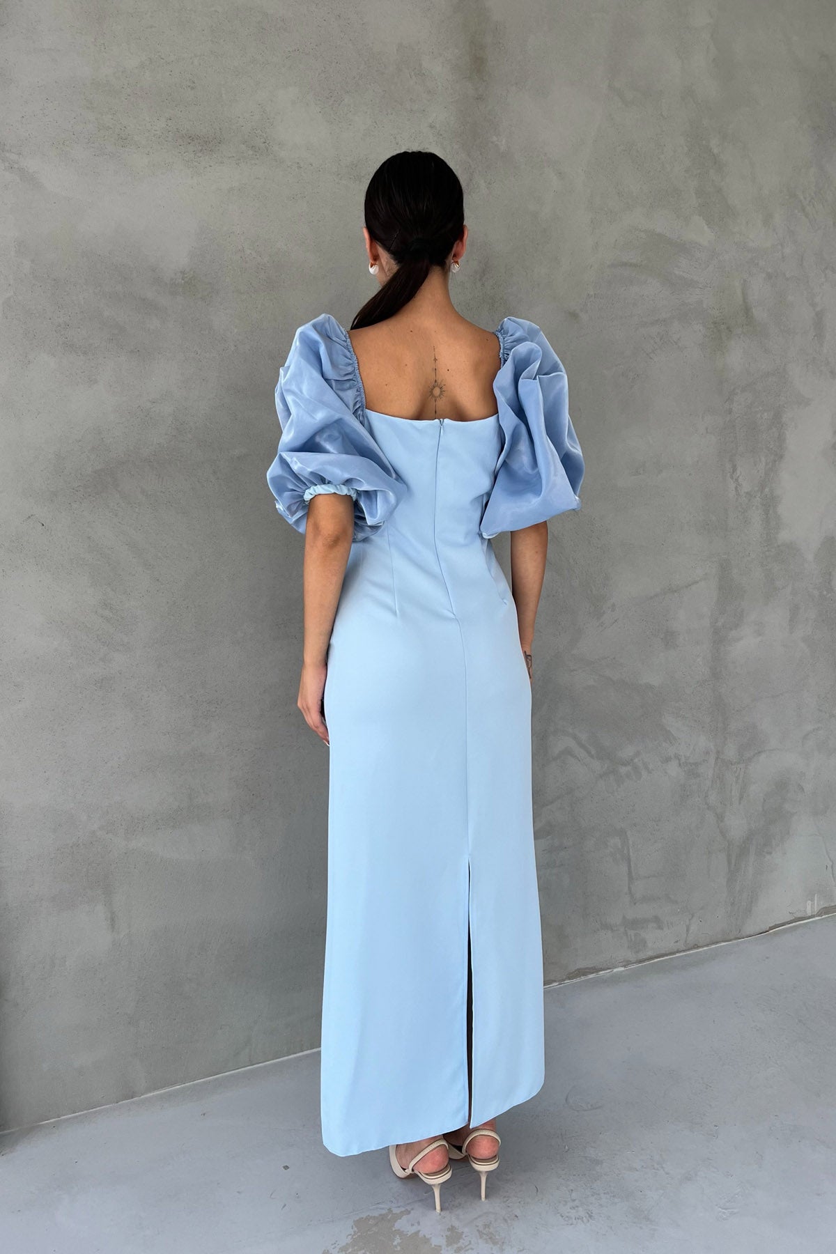 Bebe Mavisi Prenses Kol İnci Detaylı Fermuarlı Elbise SY-2501-Bebe Mavisi