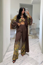 Premium Desenli Kimono Üçlü Takım SY-3818-Kahverengi
