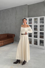 Krem Kemerli Verev Midi Etek SY-3468-Krem