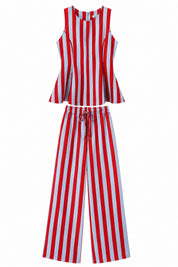 Kırmızı Mavi Çizgili Peplum Bluz Pantolon Takım SY-3790-Kırmızı