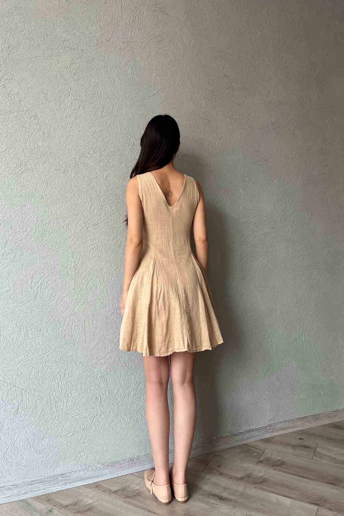 Bej Yaka Detaylı Kloş Keten Elbise SY-1981-Bej